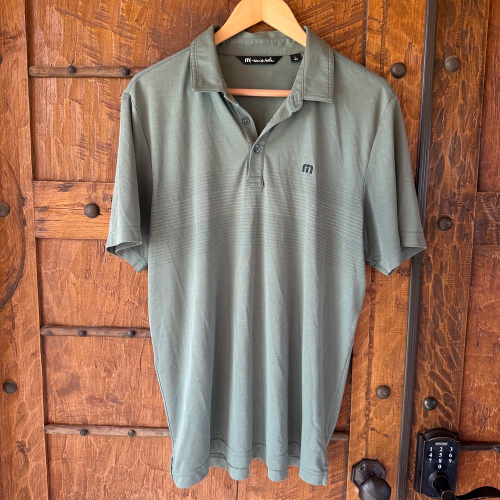 TravisMathew Polo Shirt Mens Large Green Striped Short Sleeve Golf Pique Top